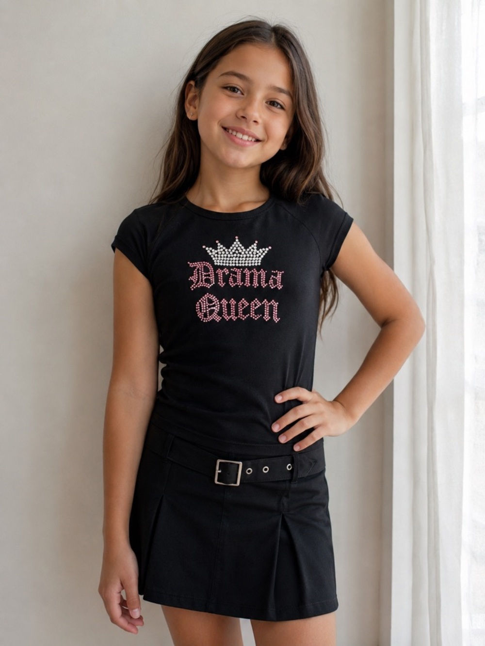 LEMON - Girl's Rhinestone Embellished "Drama Queen" Black Shirt - Size: 16
